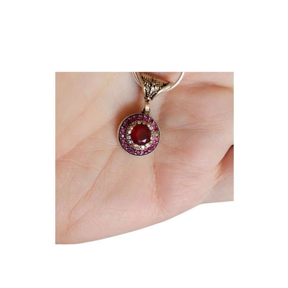 Vintage 925 Sterling and Bronze Round Ruby and White Zircon Halo Pendant 17 1/2" - Picture 1 of 10